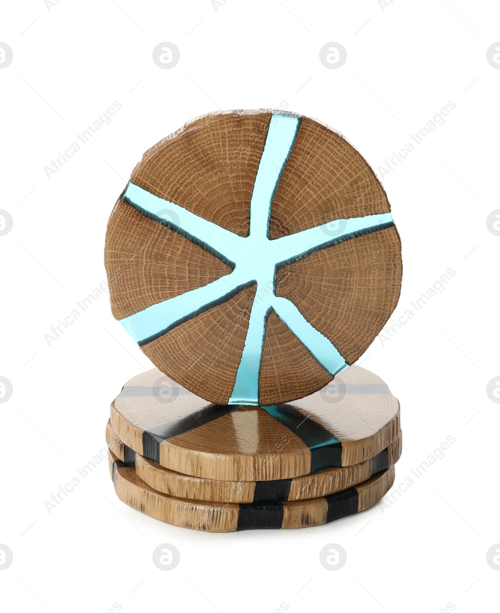 Photo of Stylish wooden cup coasters on white background