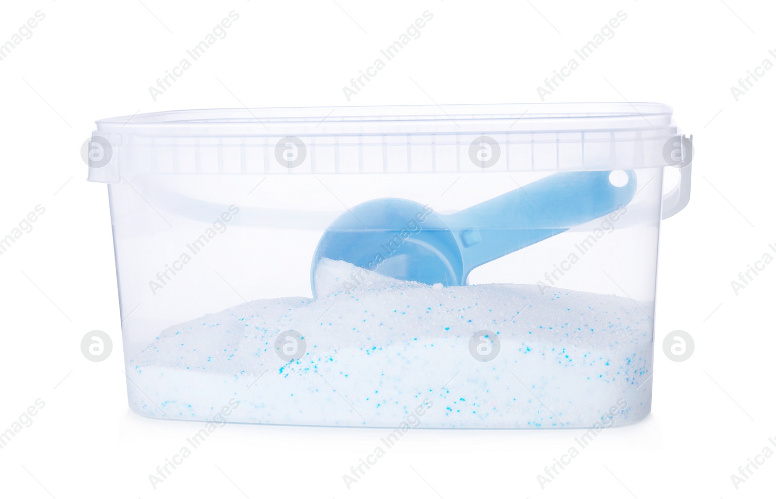 Photo of Plastic container with laundry powder and measuring spoon isolated on white