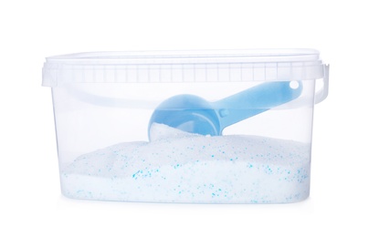 Plastic container with laundry powder and measuring spoon isolated on white