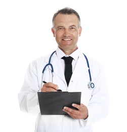Portrait of experienced doctor in uniform on white background. Medical service