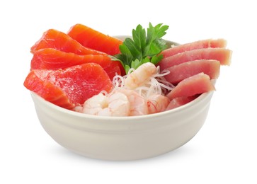 Photo of Sashimi set of salmon, tuna and shrimps served with funchosa and parsley isolated on white