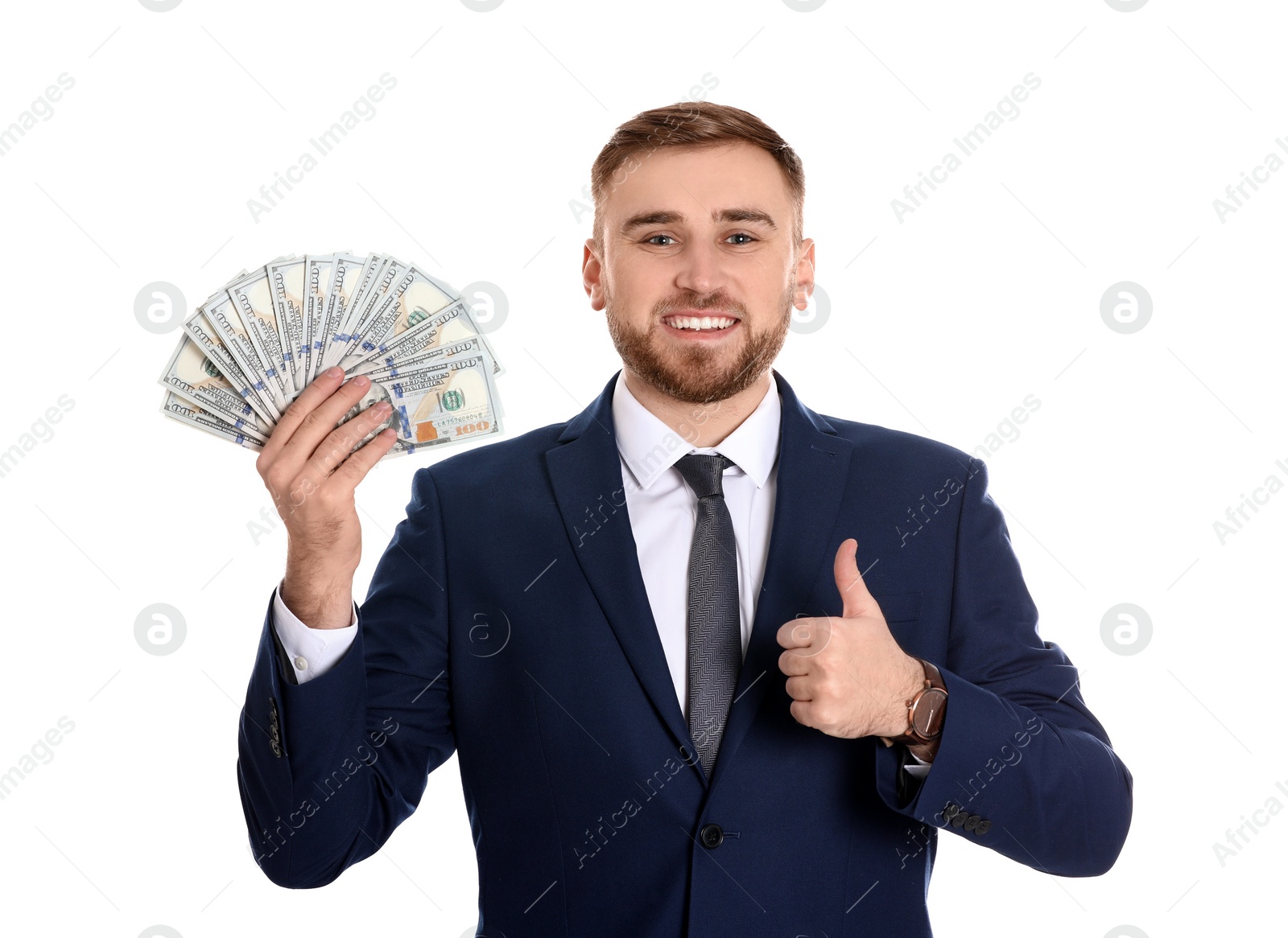 Photo of Portrait of young businessman holding money banknotes on white background