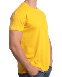 Photo of Man wearing yellow t-shirt on white background, closeup. Mockup for design