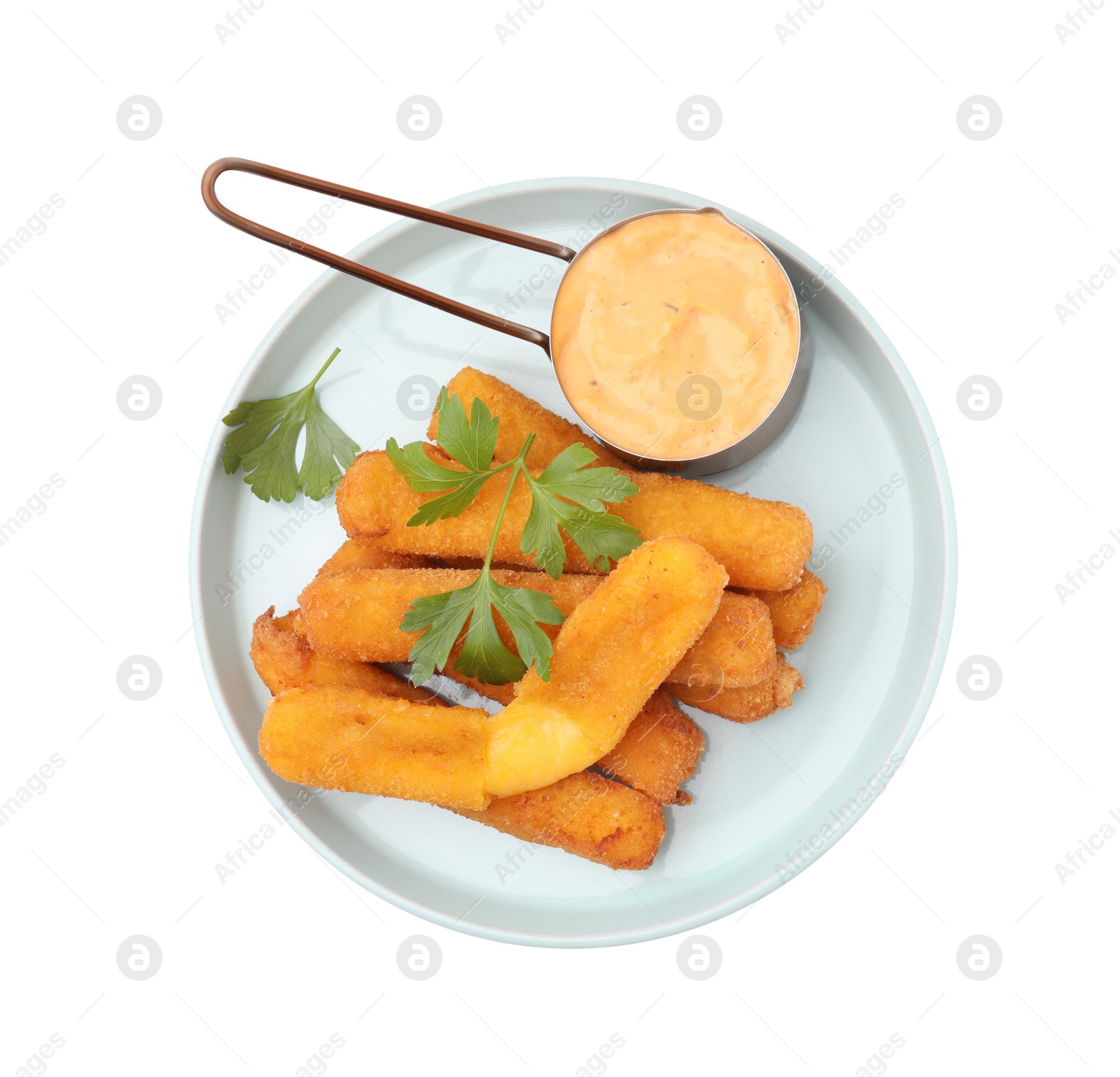 Photo of Tasty fried mozzarella sticks served with sauce and parsley isolated on white, top view