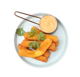 Photo of Tasty fried mozzarella sticks served with sauce and parsley isolated on white, top view