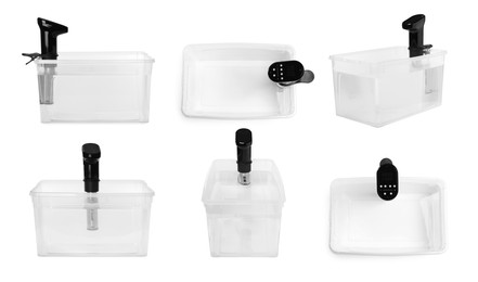 Image of Collage with sous vide cookers in container isolated on white. Thermal immersion circulator