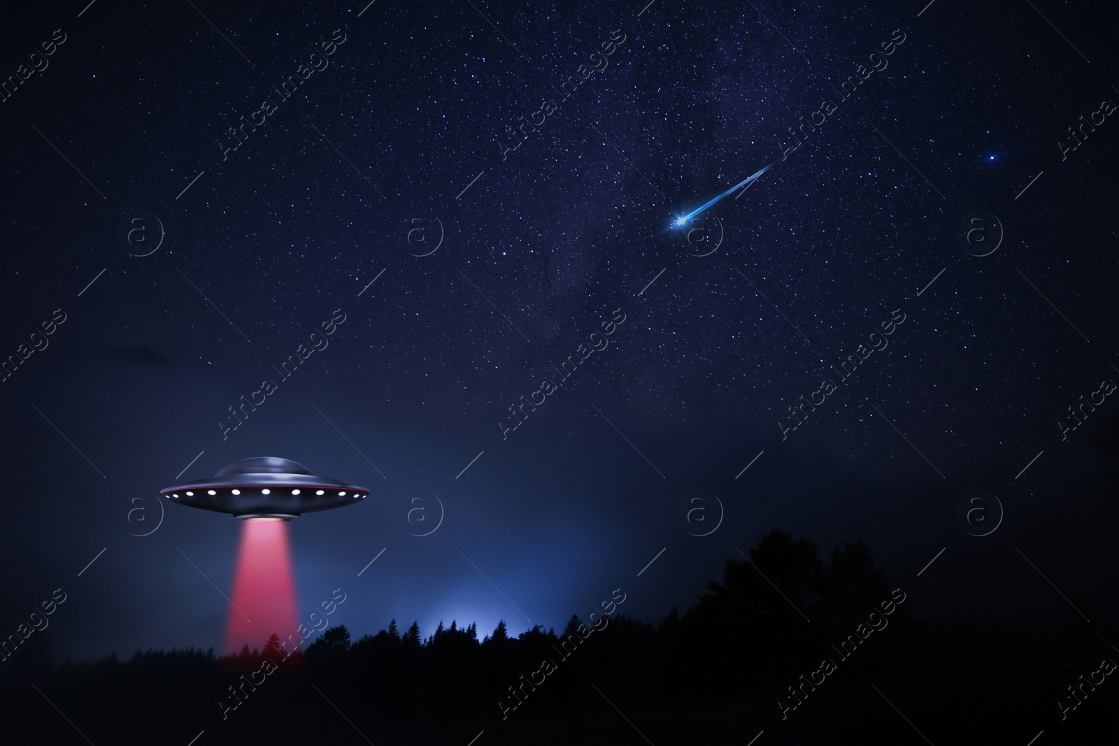 Image of UFO. Alien spaceship in sky emitting light beam. Extraterrestrial visitors