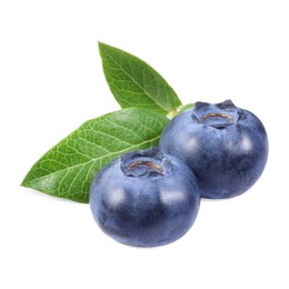 Photo of Fresh ripe blueberries and leaves isolated on white