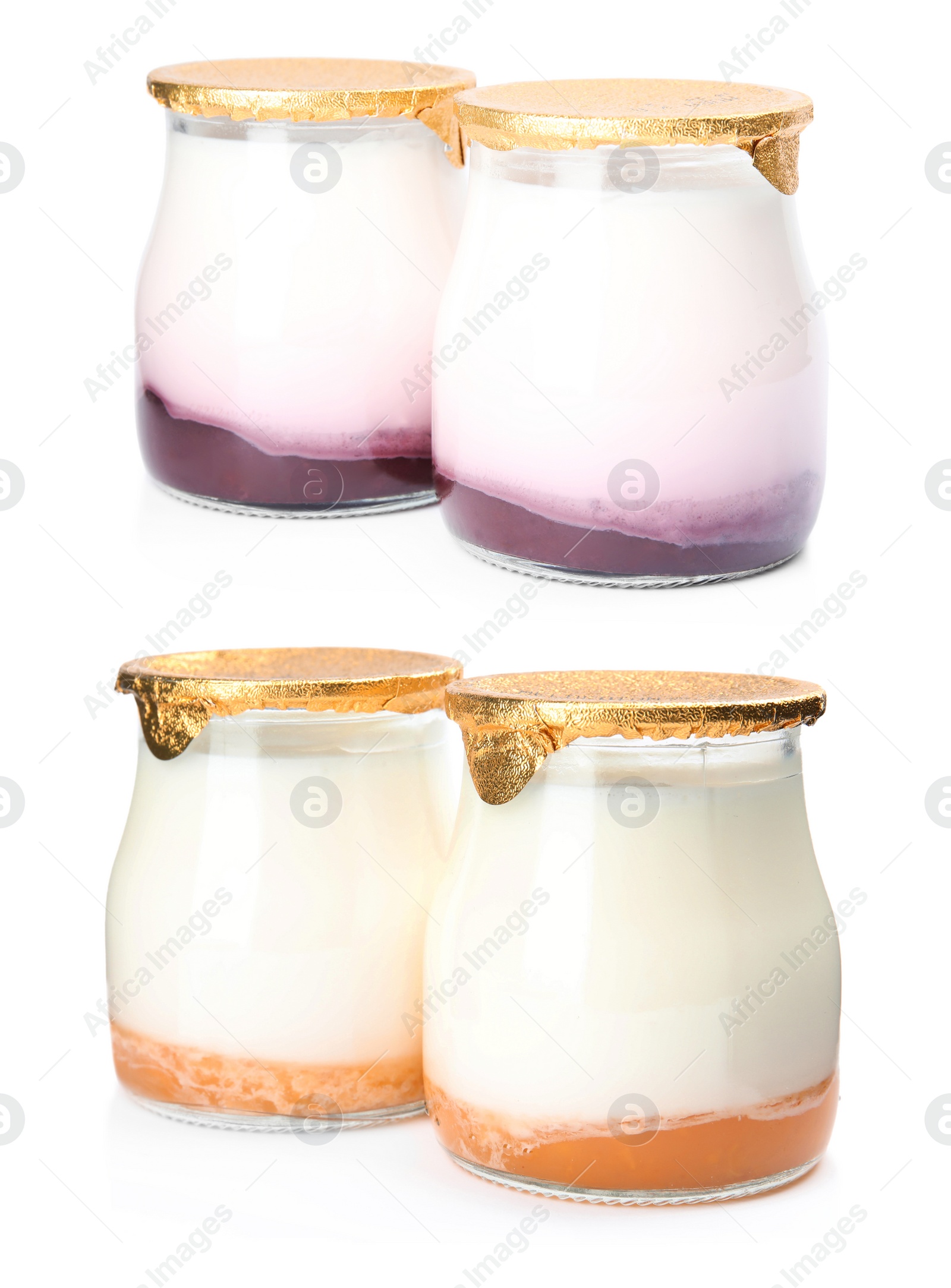 Image of Set of delicious natural yogurts in jars on white background