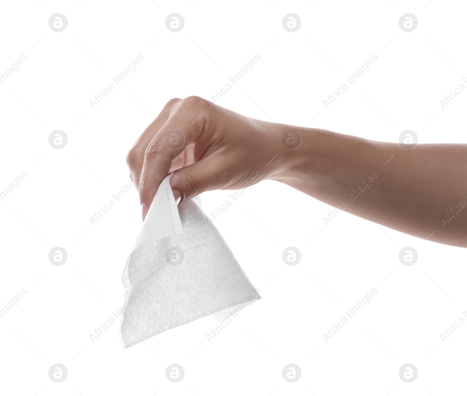 Photo of Woman holding wet wipe on white background, closeup