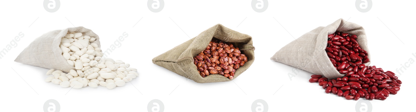 Image of Different raw kidney beans in bags isolated on white, collection