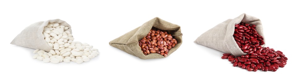 Image of Different raw kidney beans in bags isolated on white, collection