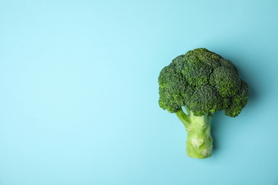 Photo of Fresh green broccoli on color background, top view. Space for text