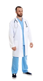 Full length portrait of male doctor isolated on white. Medical staff