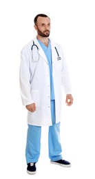 Photo of Full length portrait of male doctor isolated on white. Medical staff