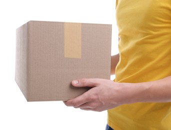 Photo of Courier with parcel on white background, closeup