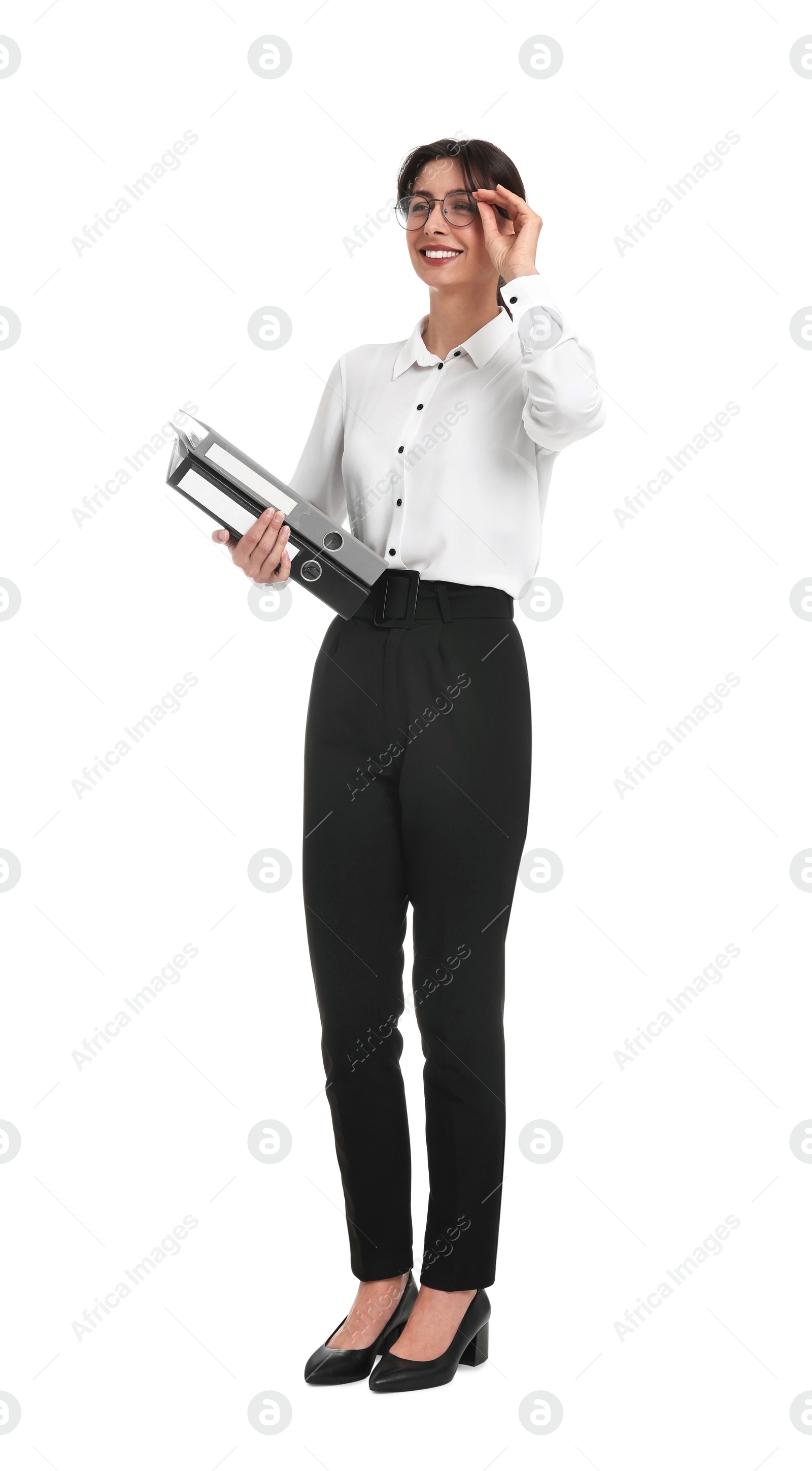 Photo of Happy businesswoman with folders on white background