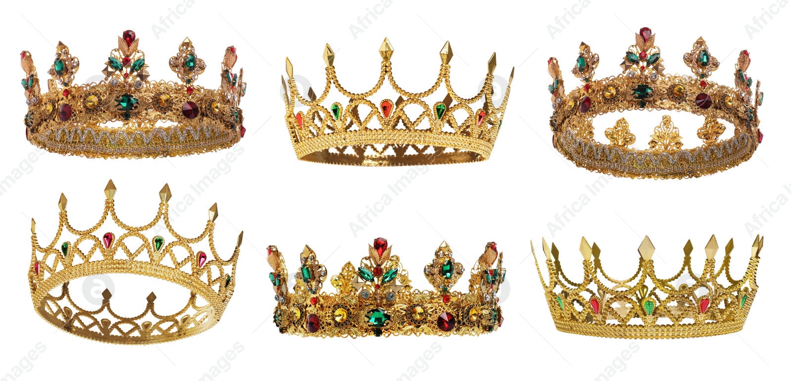 Image of Collage of beautiful gold crowns with gems on white background