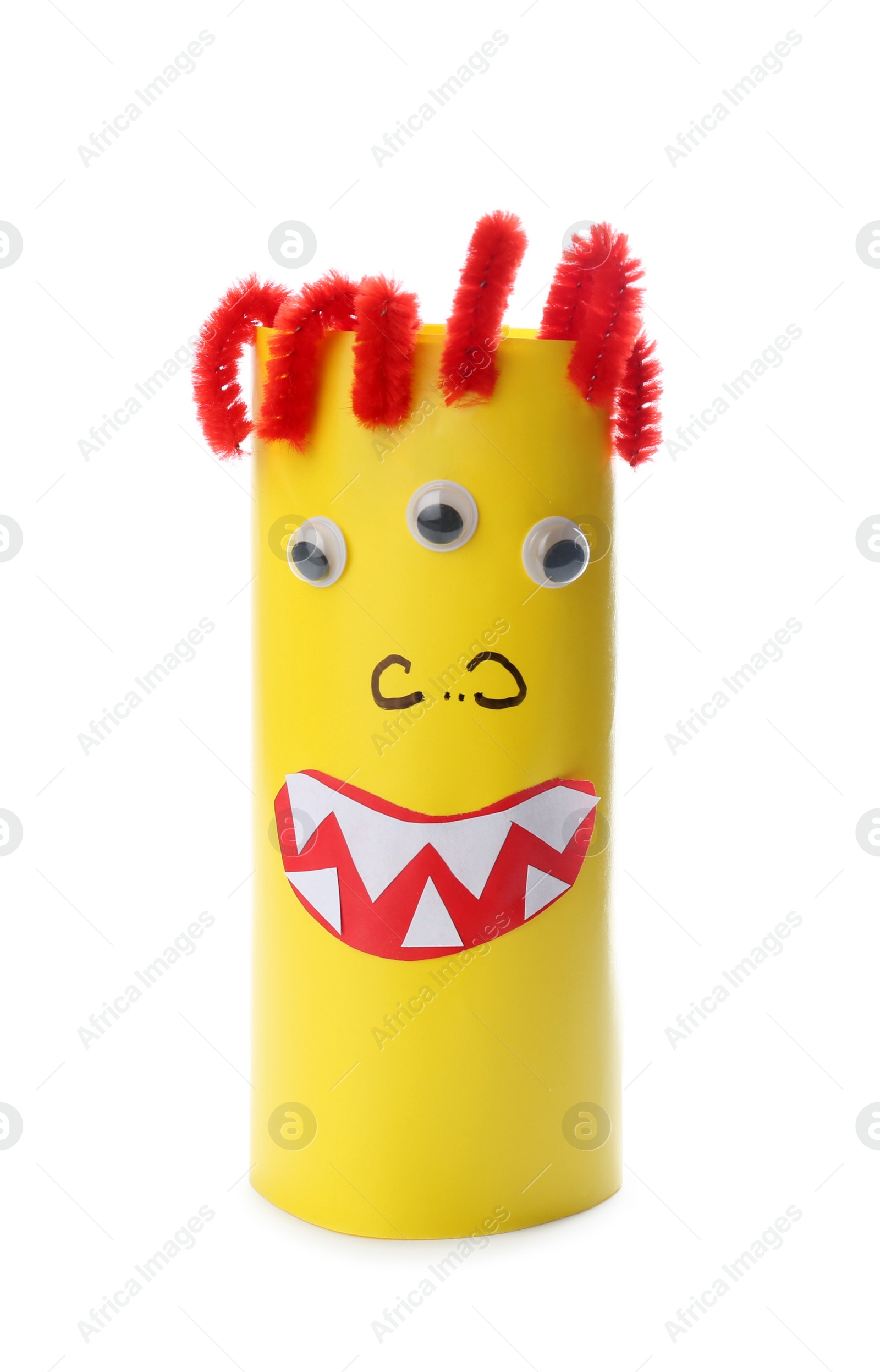 Photo of Funny yellow monster isolated on white. Halloween decoration