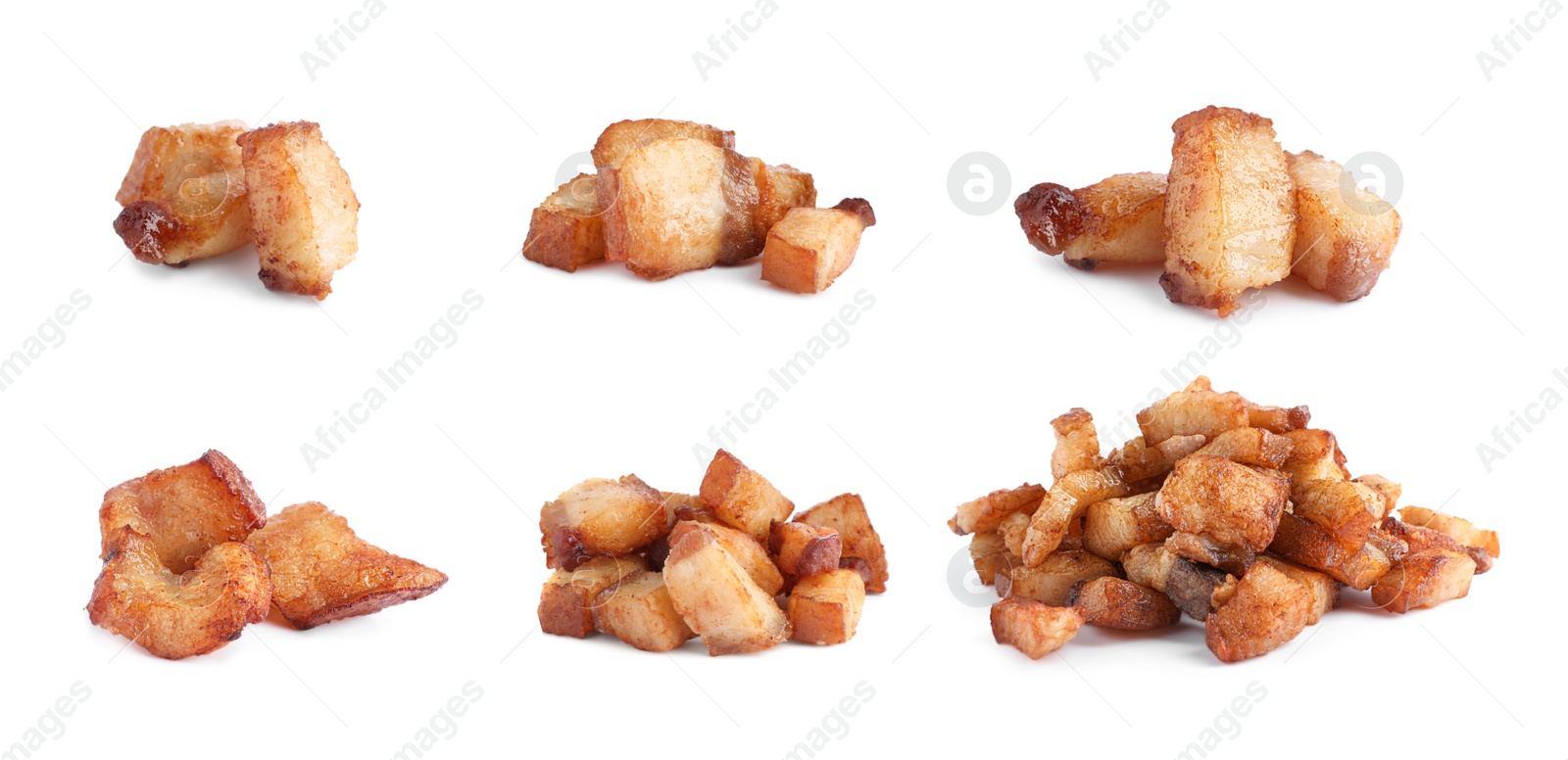 Image of Set with tasty fried cracklings on white background. Cooked pork lard