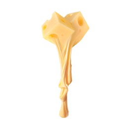 Image of Tasty cheese stretching in air on white background