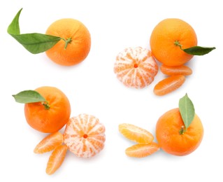 Set with fresh ripe tangerines on white background, top view