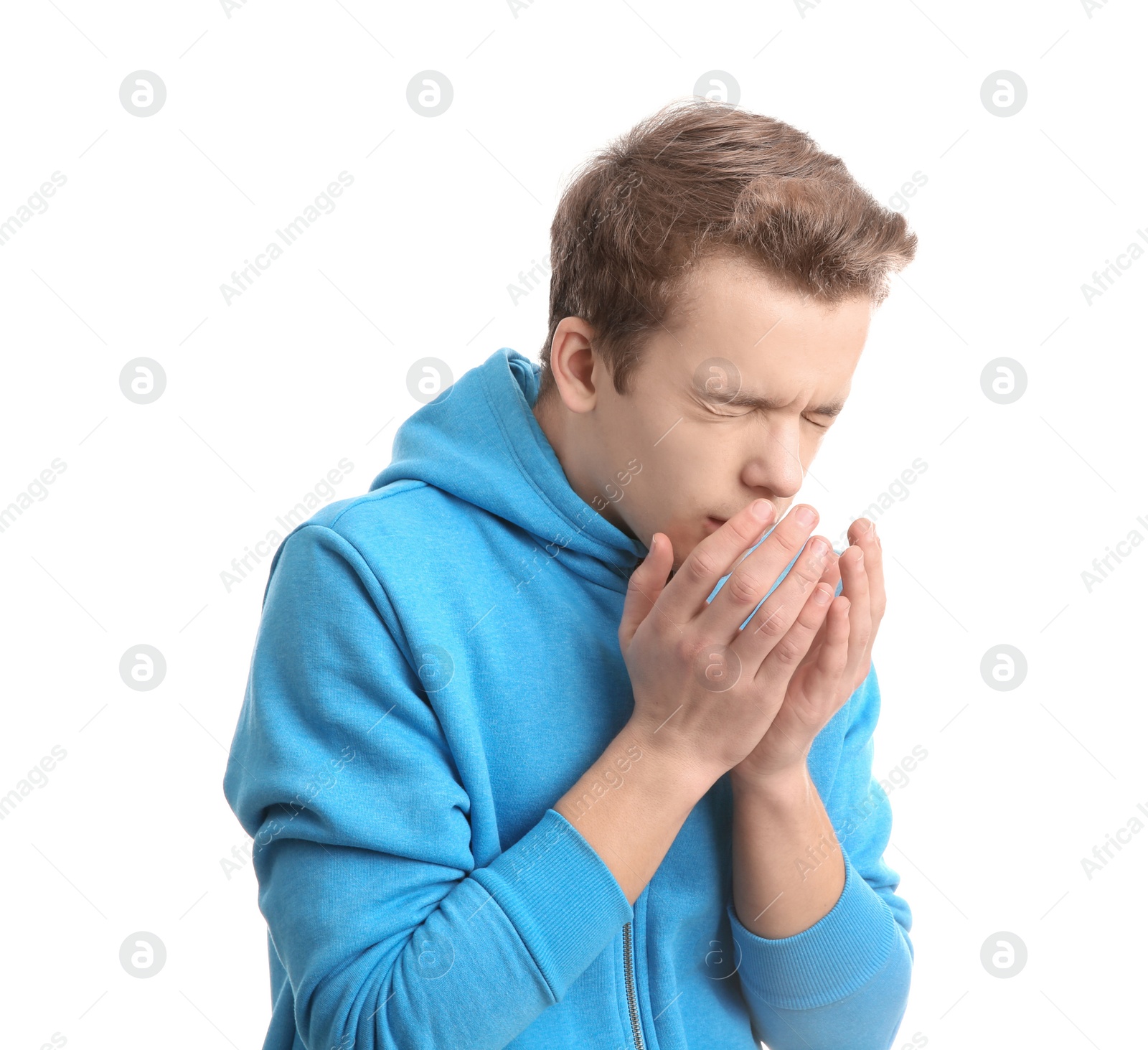 Photo of Teenage boy suffering from cough isolated on white