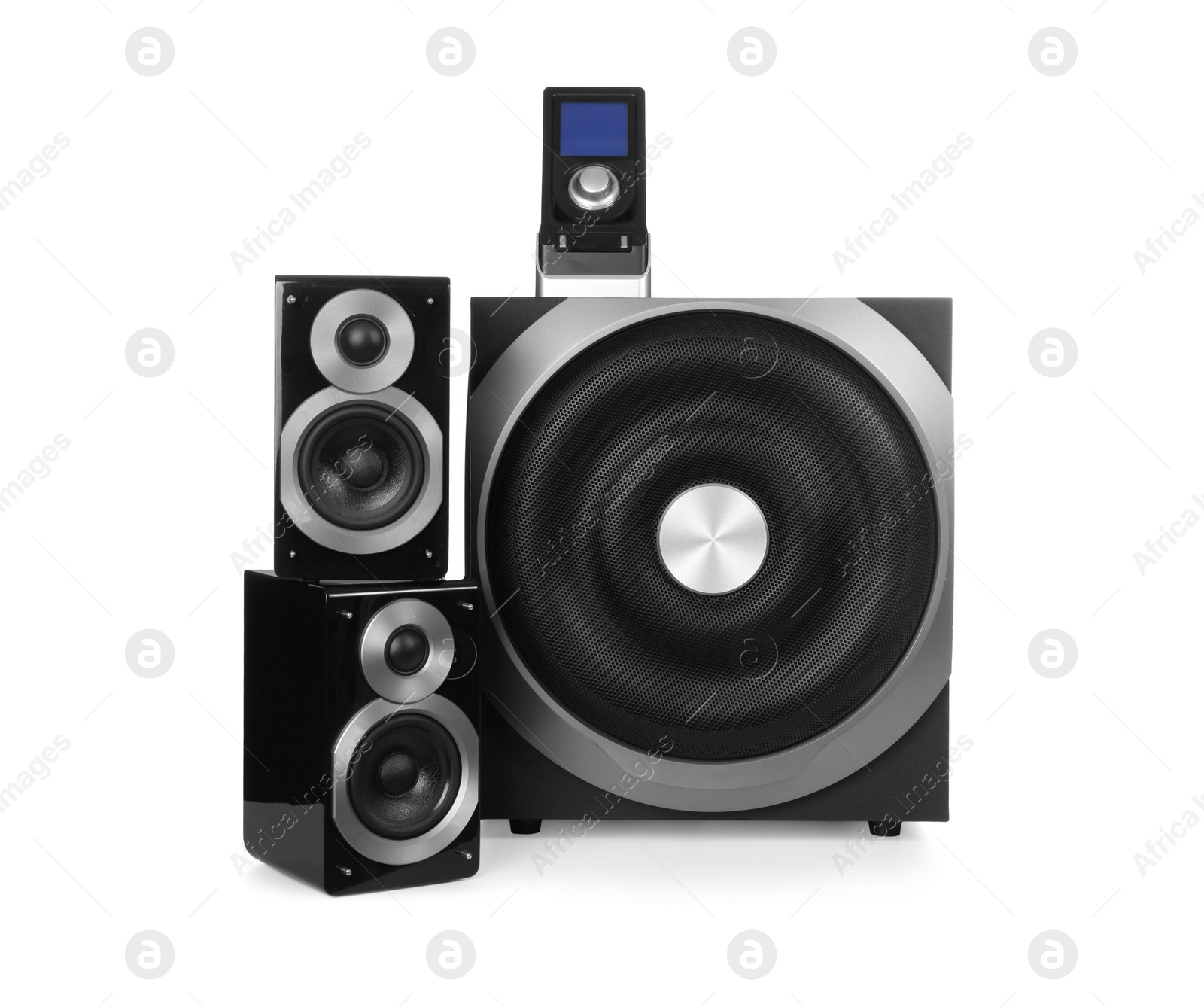 Photo of Modern powerful audio speaker system with remote on white background