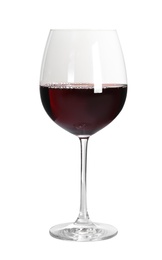 Photo of Glass of delicious expensive red wine on white background