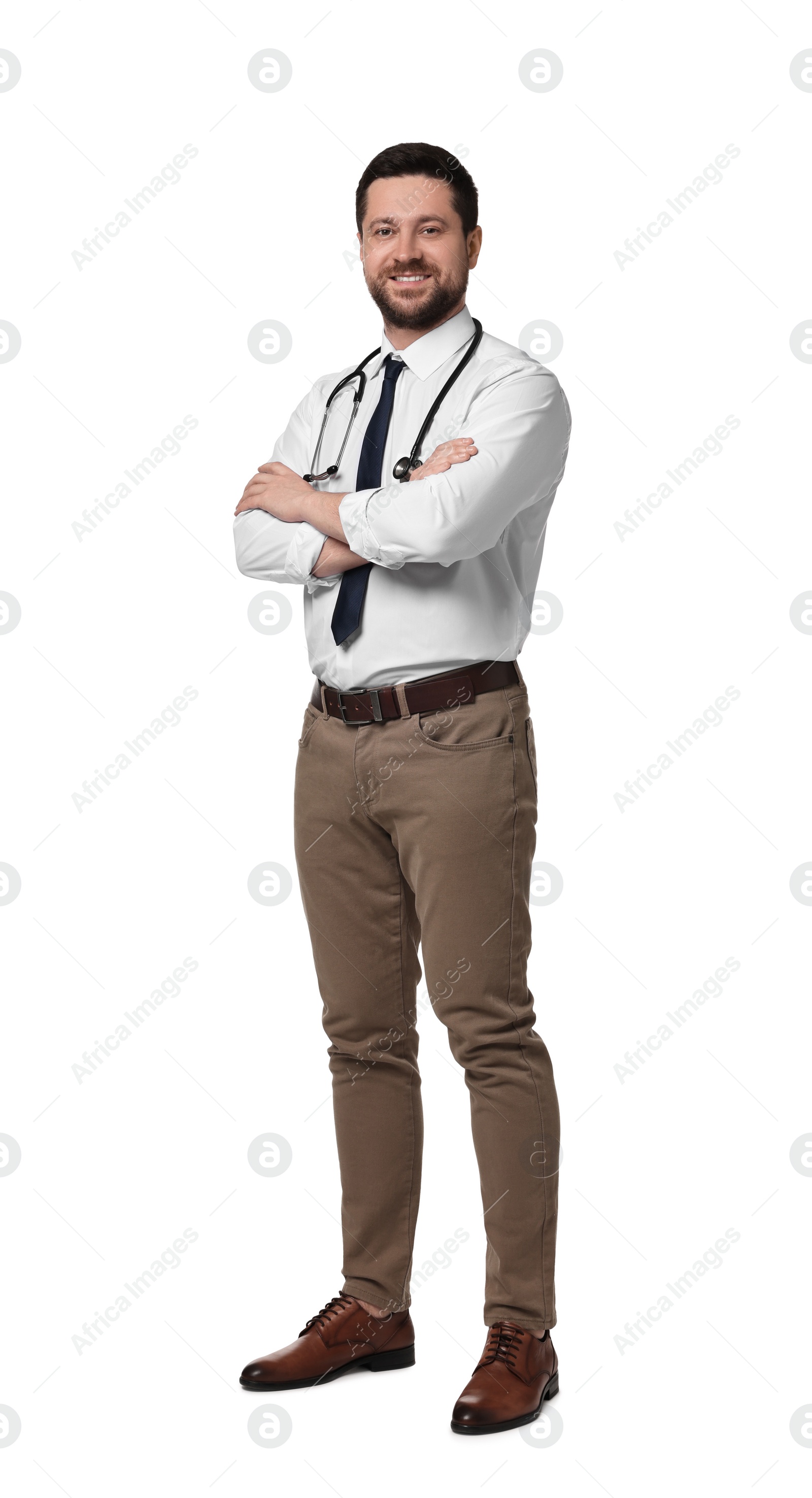 Photo of Portrait of happy doctor with stethoscope on white background