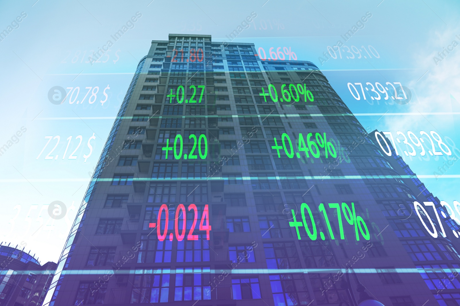 Image of Double exposure of online trading platform and building  in city center. Stock exchange 