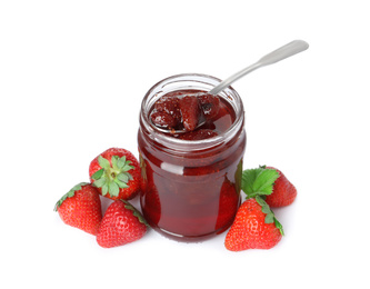 Photo of Delicious pickled strawberry jam and fresh berries isolated on white