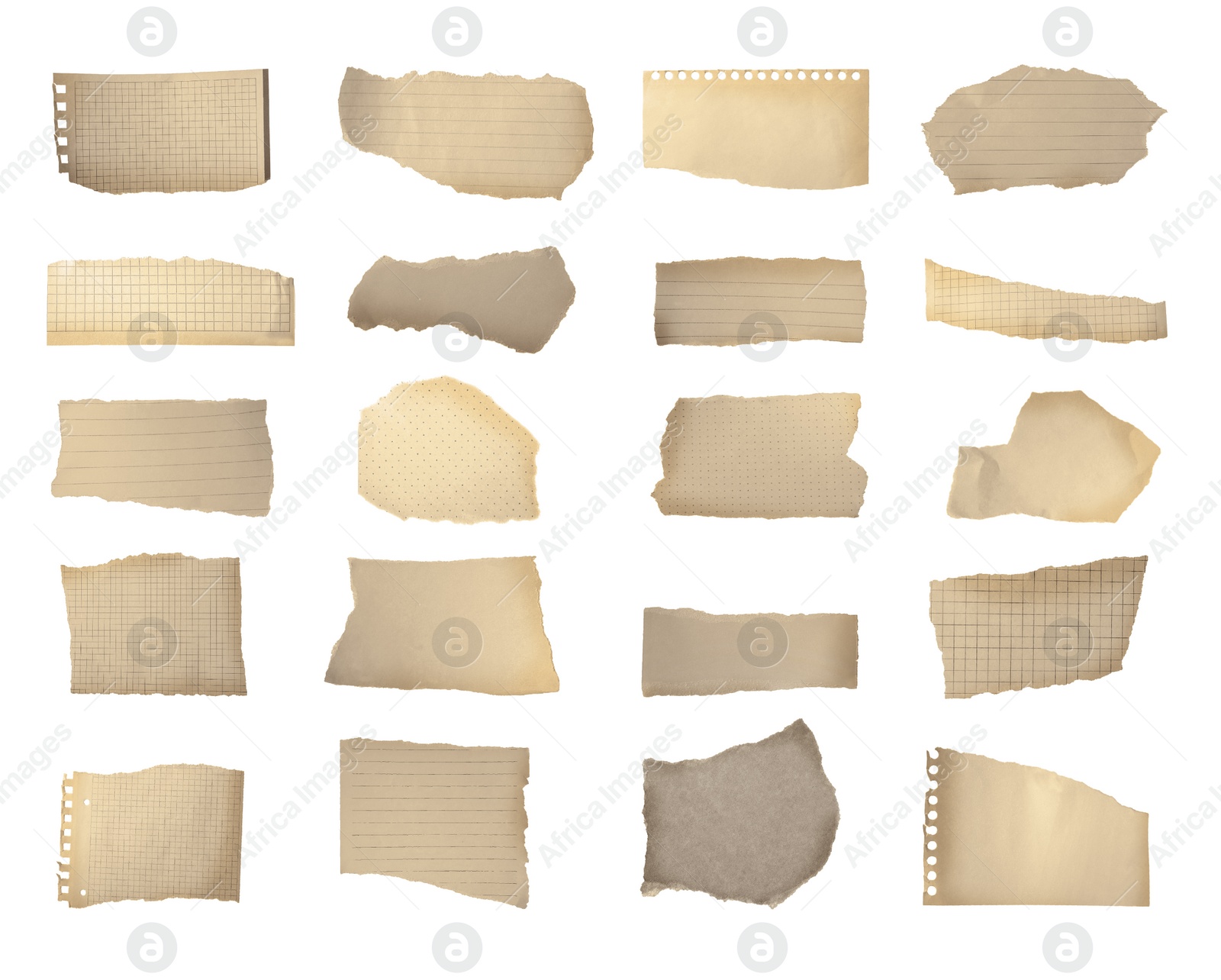 Image of Set of old ripped notebook papers on white background