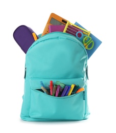 Bright backpack with school stationery isolated on white