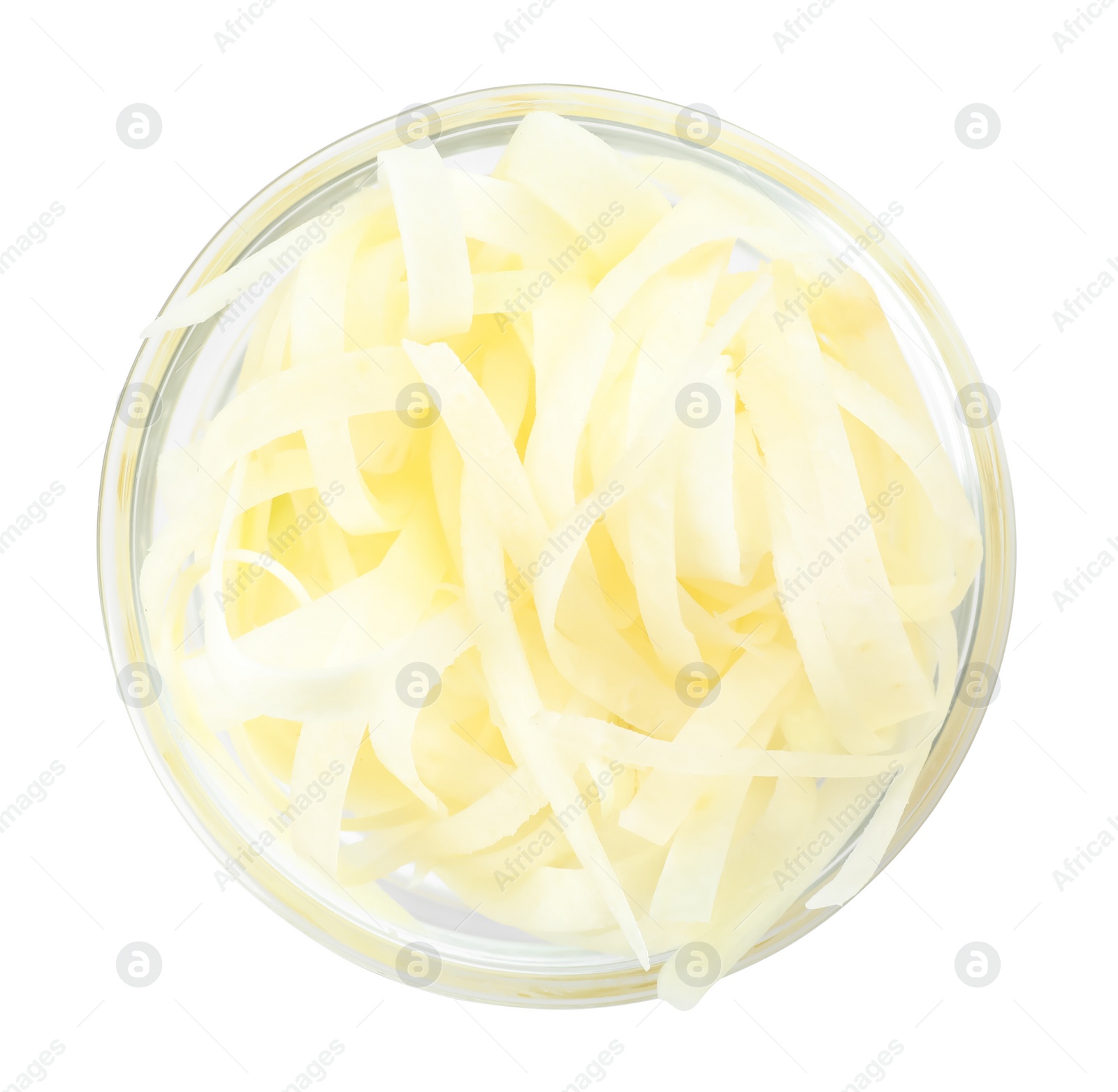 Photo of Tasty raw carrot noodles in glass bowl isolated on white, top view