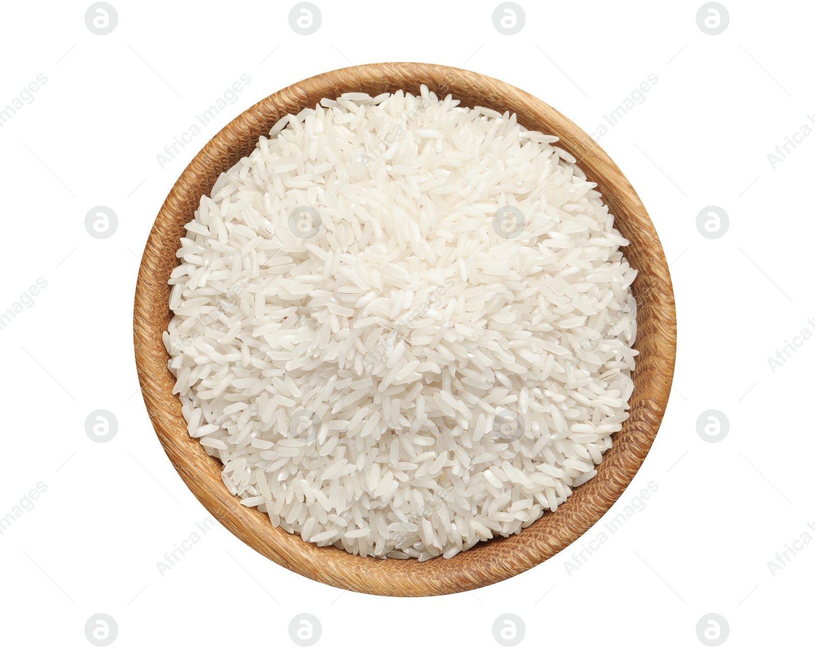 Photo of Bowl with rice on white background, top view. Natural food high in protein