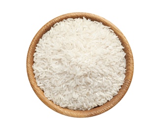 Photo of Bowl with rice on white background, top view. Natural food high in protein