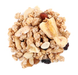 Heap of tasty crispy granola on white background, top view