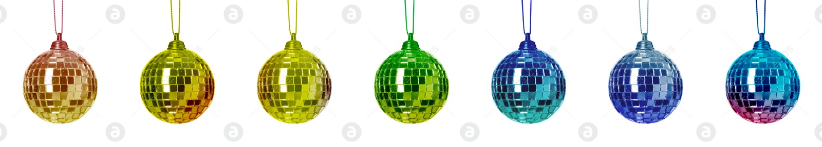 Image of Set with colorful shiny disco balls on white background. Banner design