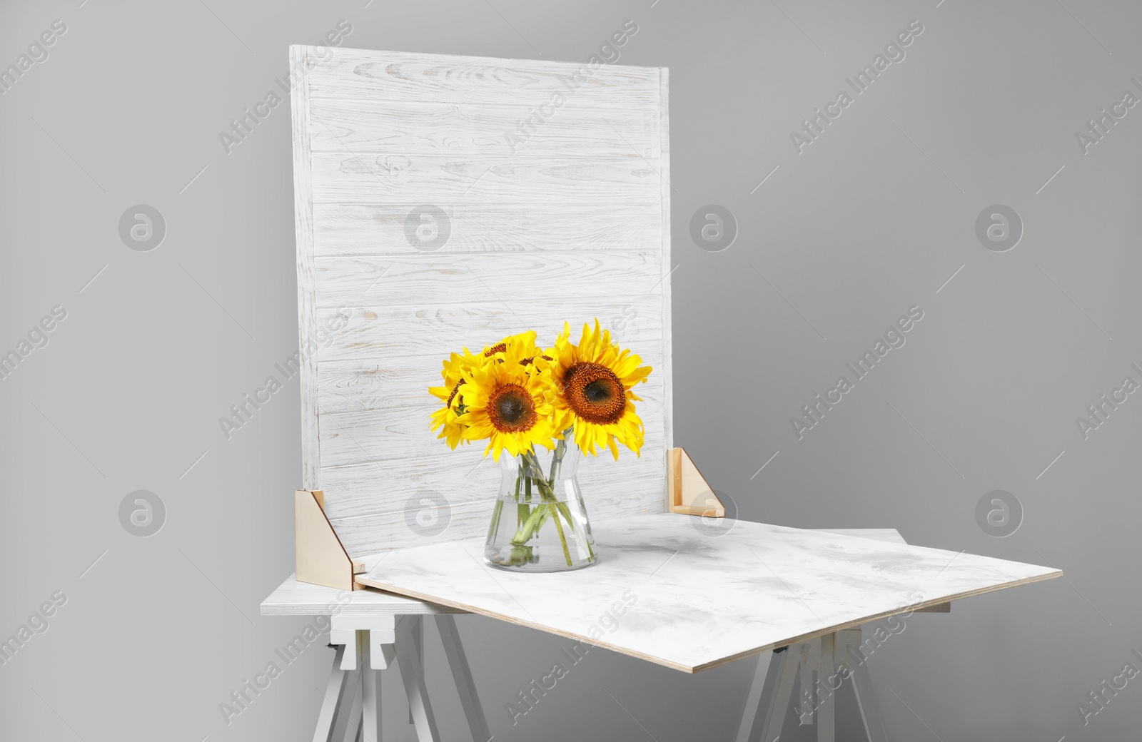 Photo of Glass vase with beautiful sunflowers and double-sided backdrop on table in photo studio