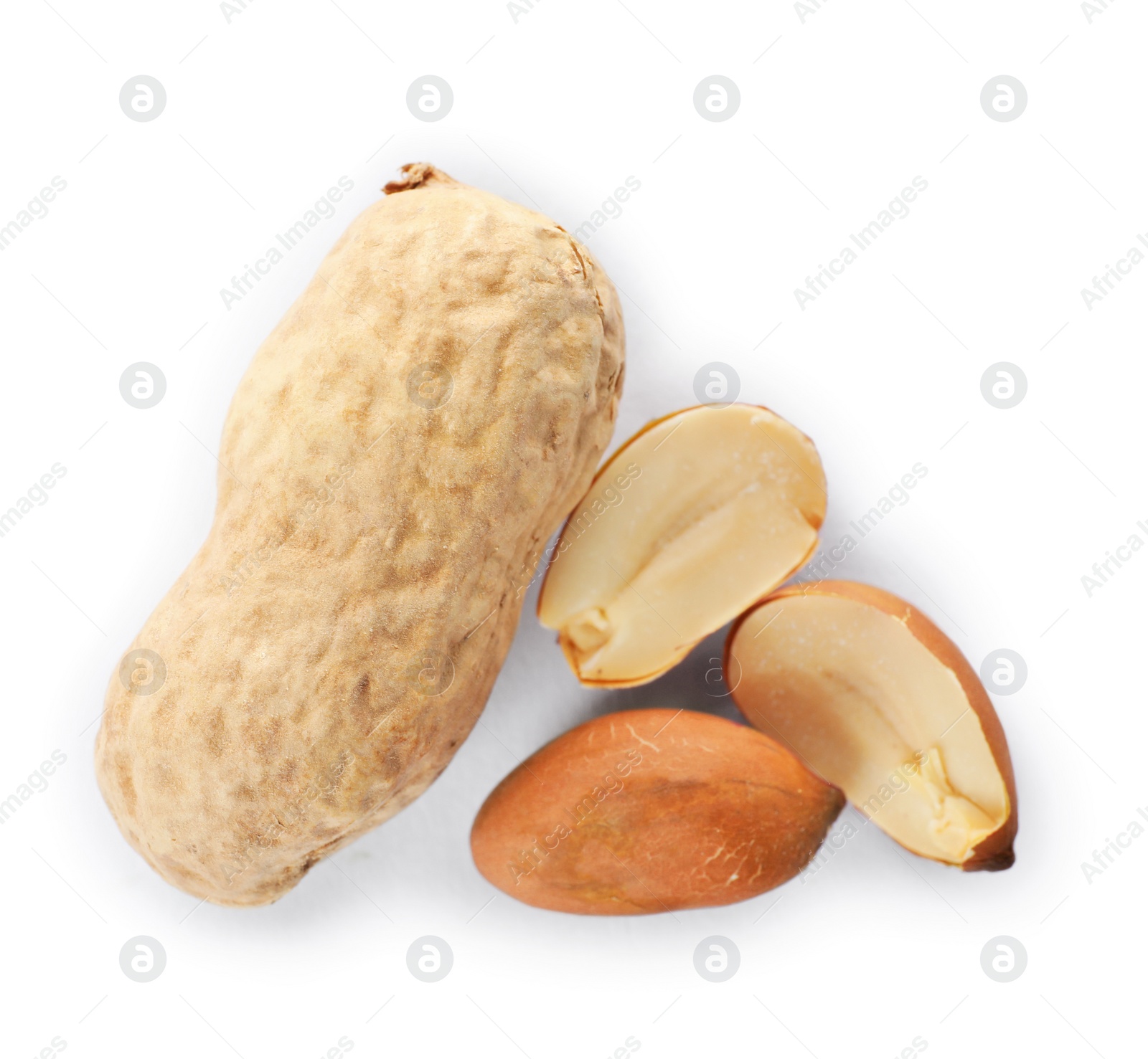 Photo of Raw peanuts on white background, top view. Healthy snack