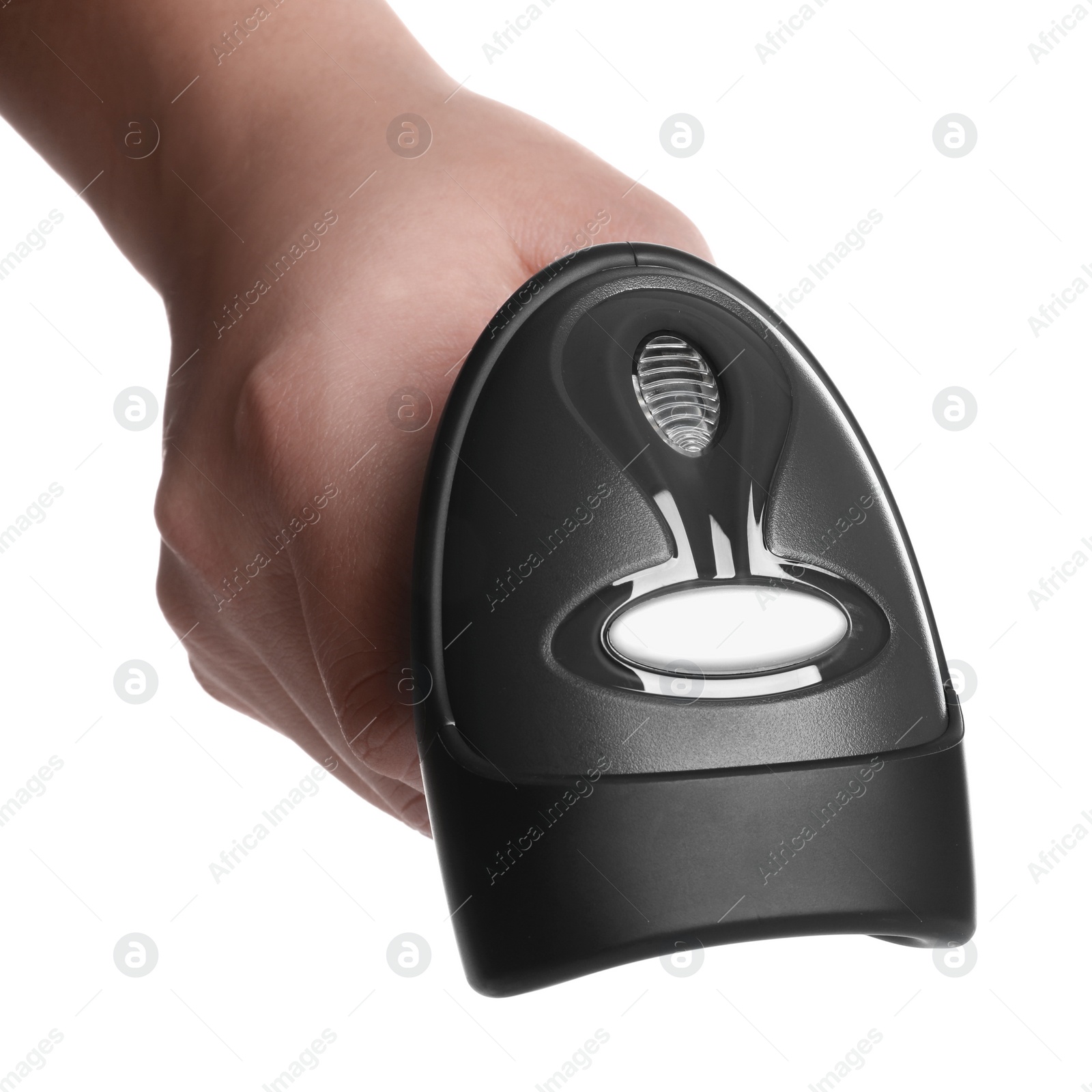 Photo of Man with barcode scanner on white background, closeup