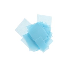 Photo of Pieces of light blue confetti isolated on white