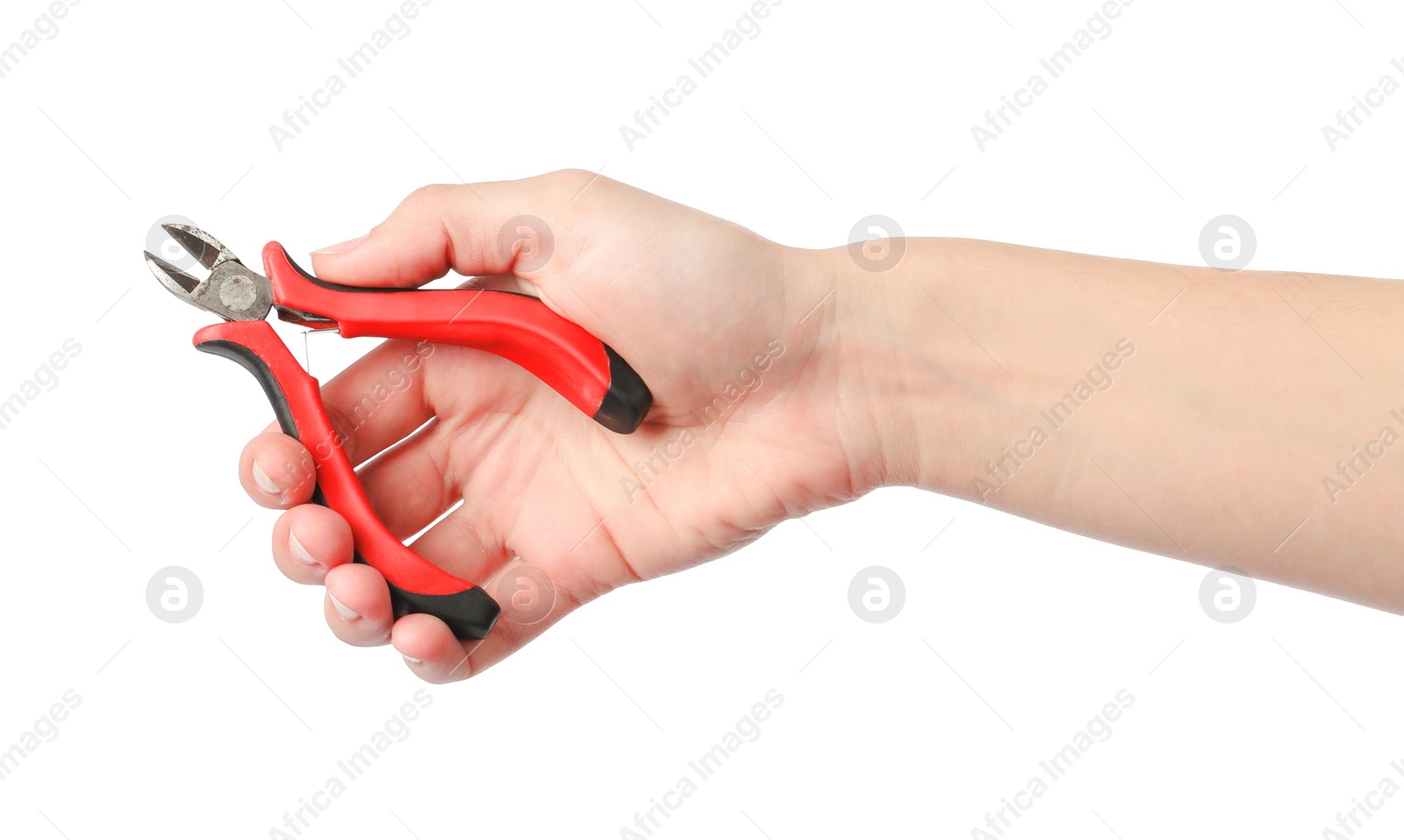 Photo of Woman holding side cutting pliers isolated on white, closeup