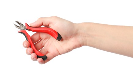 Photo of Woman holding side cutting pliers isolated on white, closeup