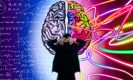 Logic and creativity. Man and illustration of brain hemispheres. Different formulas and bright neon lines on background