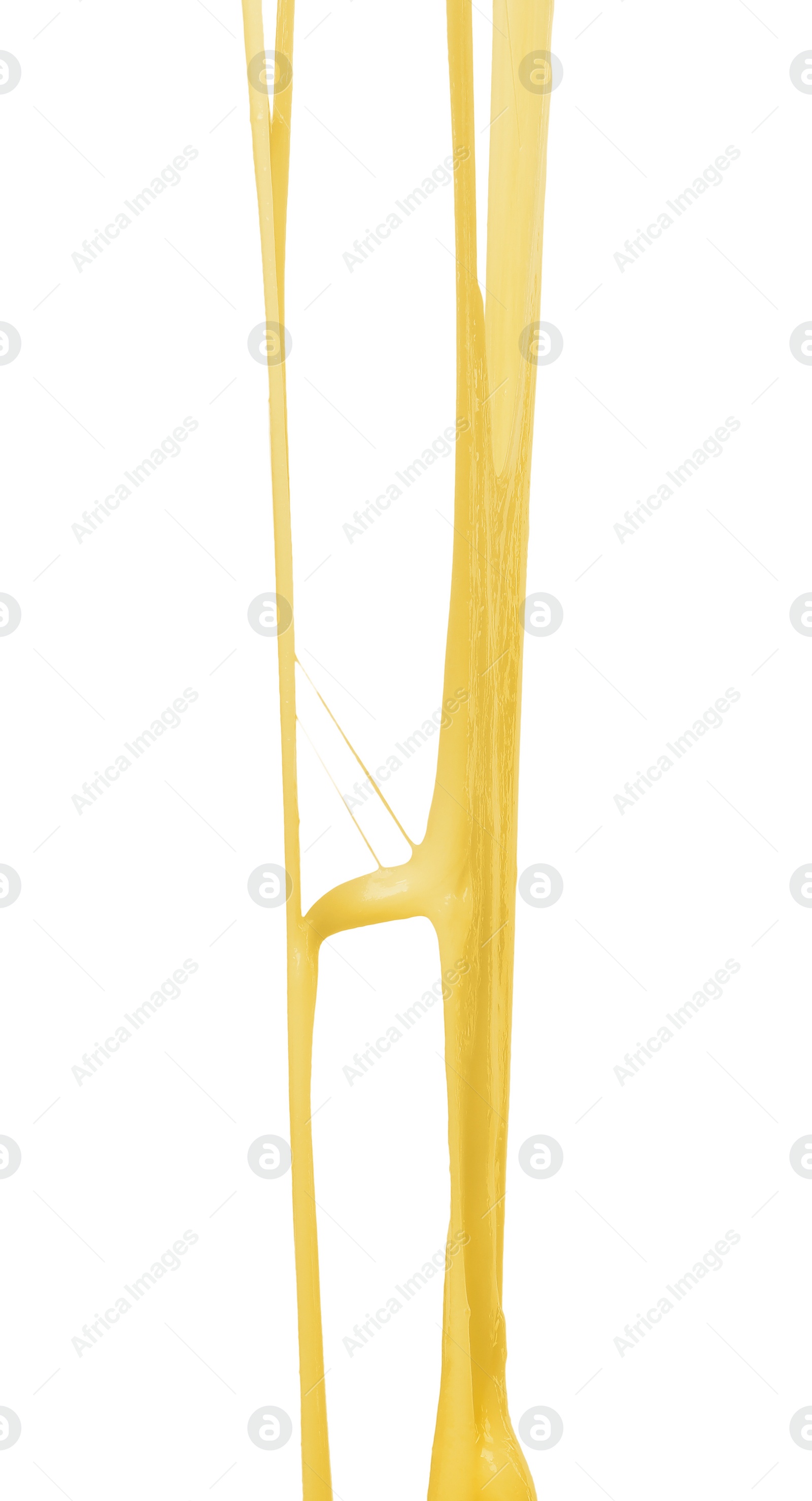 Photo of Stretching delicious melted cheese isolated on white