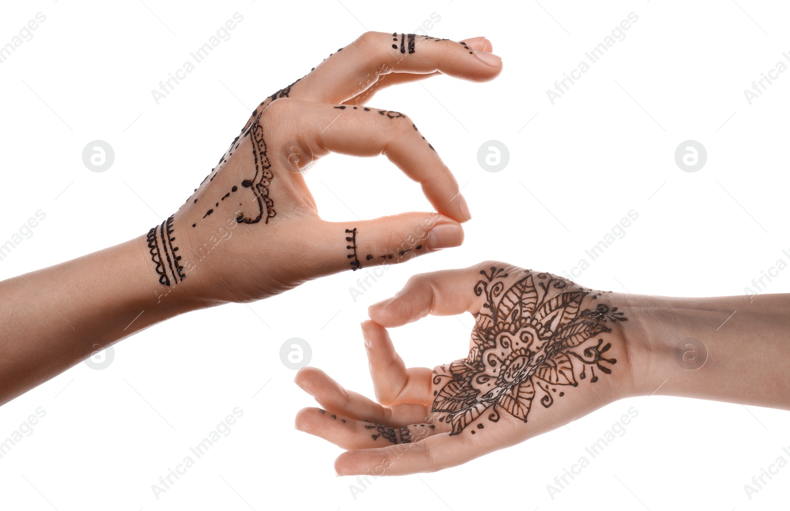 Image of Closeup view of women with henna tattoo on hands against white background, collage. Traditional mehndi ornament