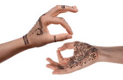 Image of Closeup view of women with henna tattoo on hands against white background, collage. Traditional mehndi ornament