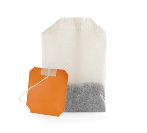 Photo of New tea bag with tab isolated on white